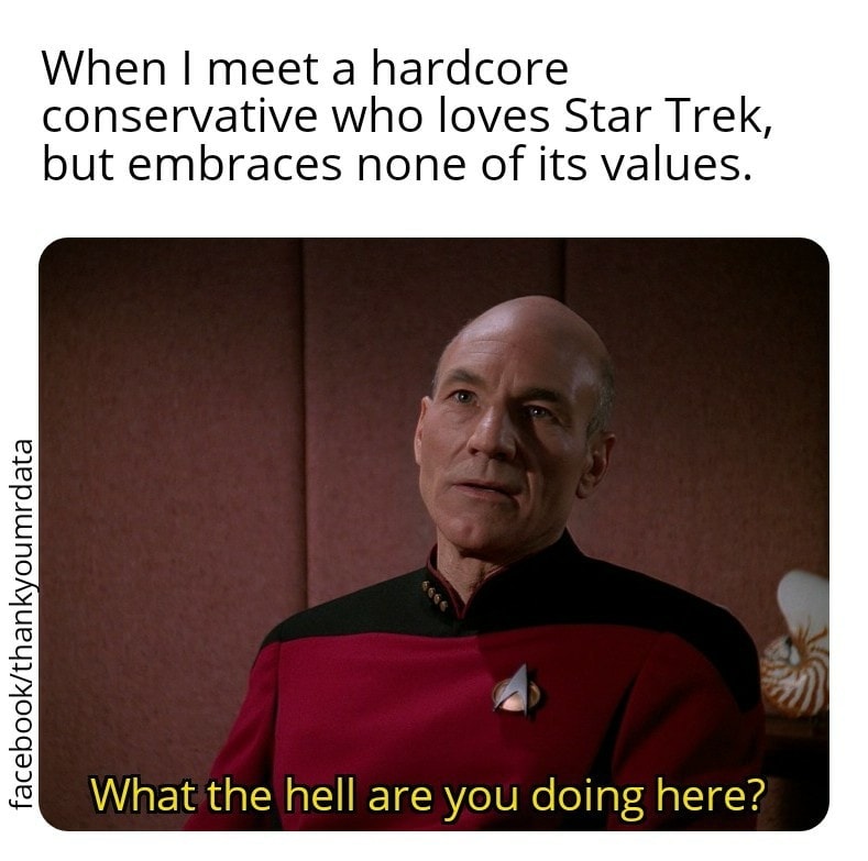 This meme features a photo of Patrick Stewart as Captain Jean-Luc Picard from Star Trek, with a humorous and unexpected twist. The image shows Picard with a stern expression, but with the caption "When you finally meet a conservative who actually knows what they're talking about." Below the image, the text reads: "In 2-3 sentences, describe this meme for someone who cannot see it. The meme is a play on the stereotype that conservative voters are often portrayed as being uninformed or ignorant, but in this case, the character is a conservative who is actually knowledgeable and has a strong understanding of the topic. The meme pokes fun at this stereotype by presenting a character who is a conservative who is actually intelligent and informed, and the caption "When you finally meet a conservative who actually knows what they're talking about" is a humorous way to acknowledge this unexpected scenario."